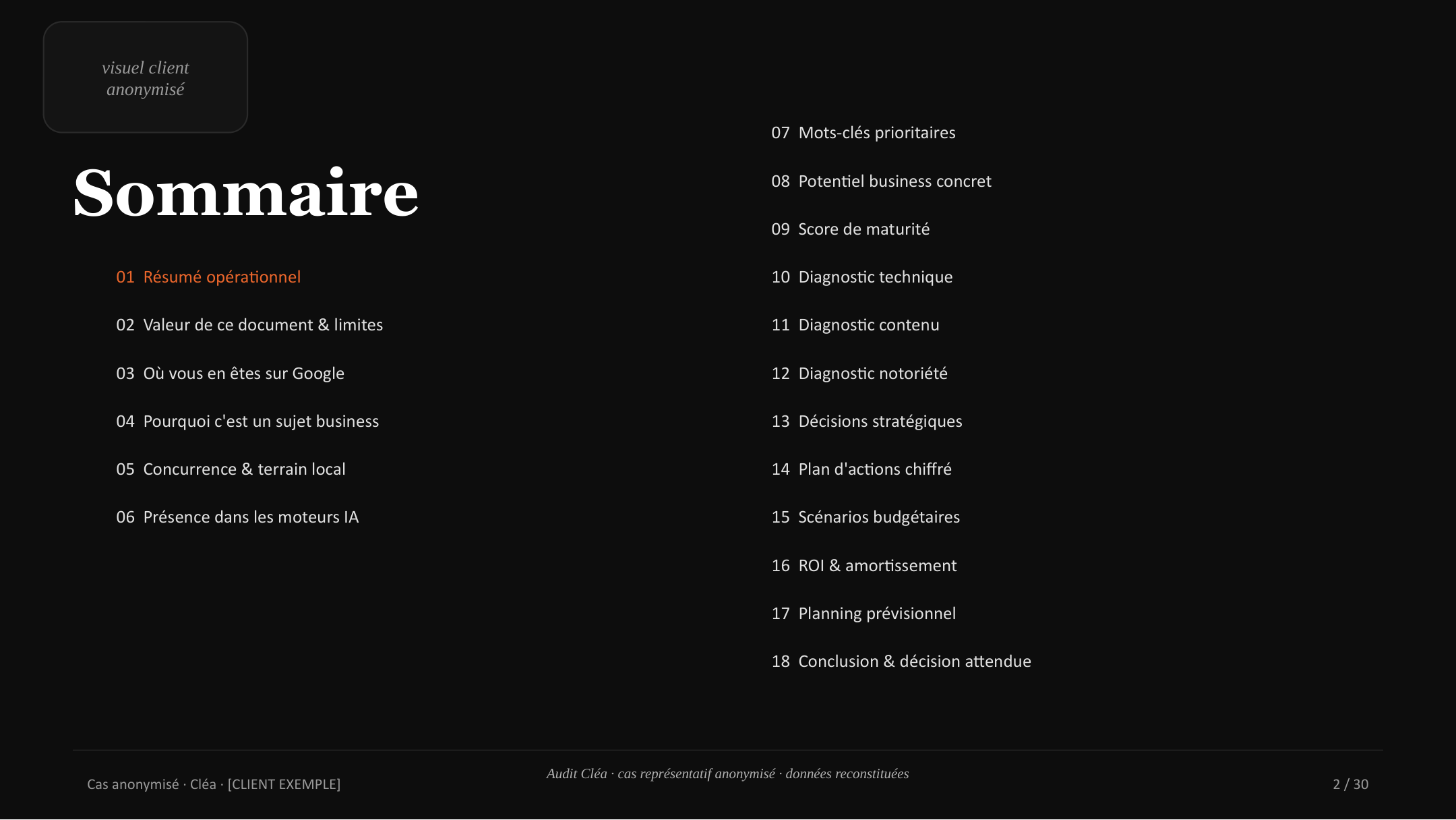 Sommaire détaillé : 18 sections de l'audit