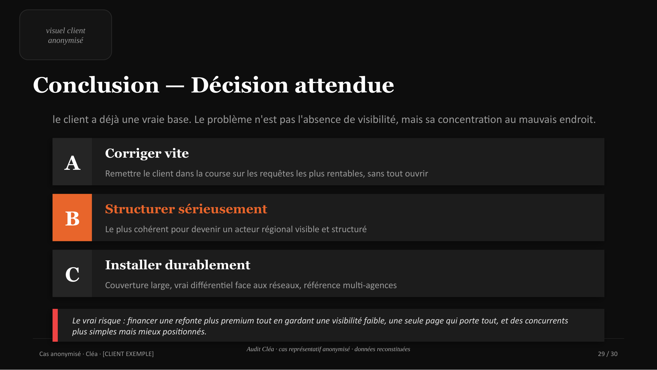 Conclusion : 3 scénarios chiffrés et décision attendue