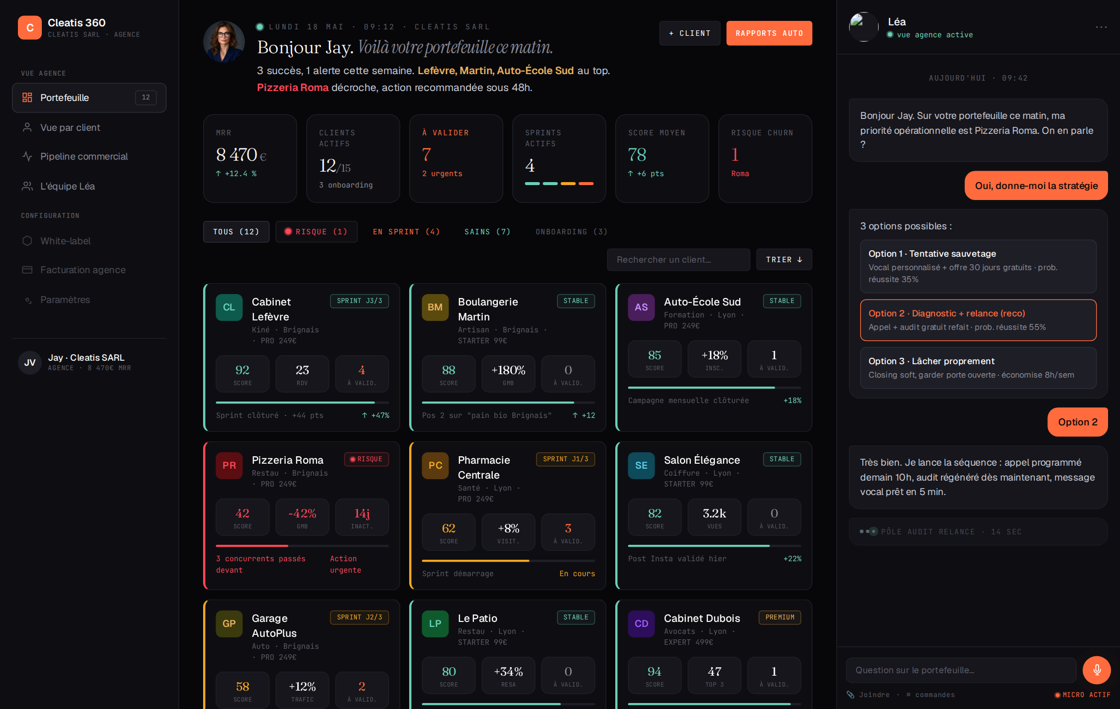 Dashboard portefeuille agence 12 clients · Cléa Network